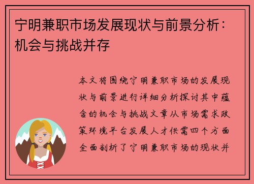 宁明兼职市场发展现状与前景分析：机会与挑战并存