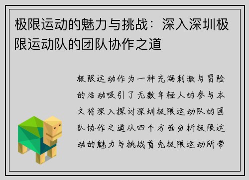 极限运动的魅力与挑战：深入深圳极限运动队的团队协作之道