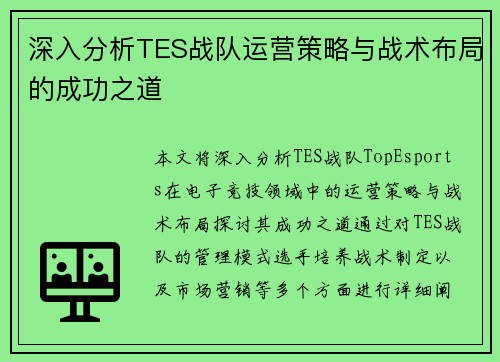深入分析TES战队运营策略与战术布局的成功之道